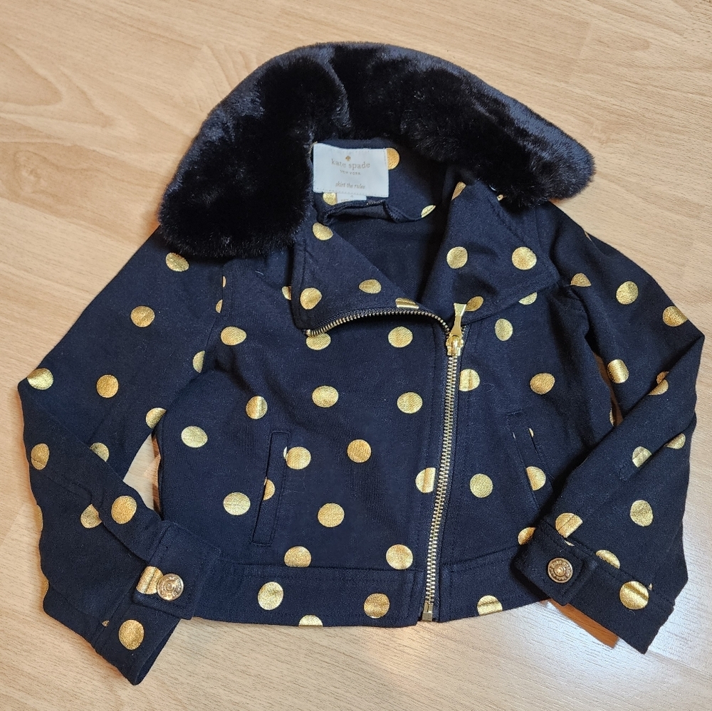Kate Spade Gold Metallic Dot Black Moto Jacket Size 4 Cotton Removable‎ Faux Fur